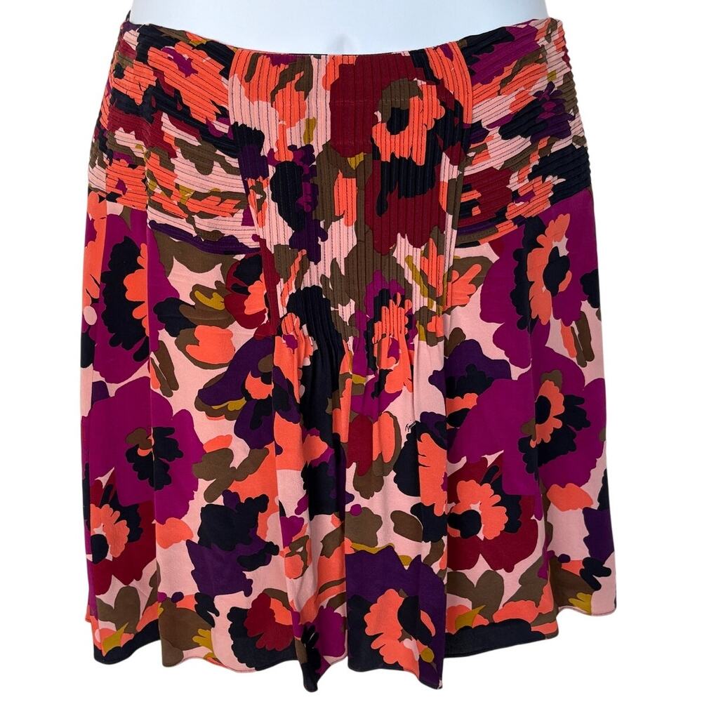 Trina Turk Multi Color Floral Silk Skirt with Pin Tucks and Side Zip size 6